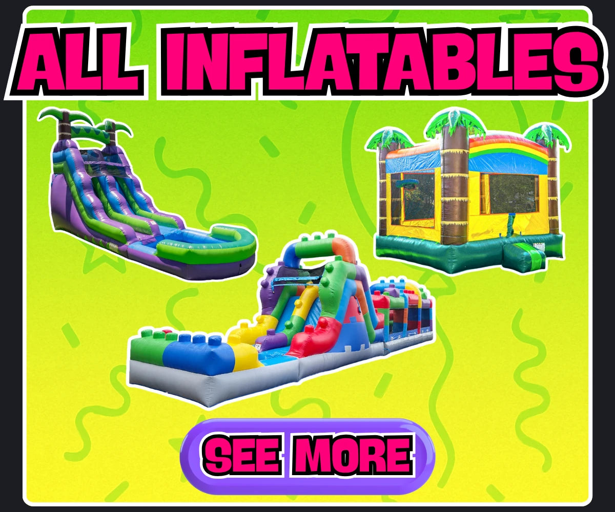 All inflatable party rentals available including water slides, bounce houses, obstacle courses, and waterslide bounce combos in Norfolk County