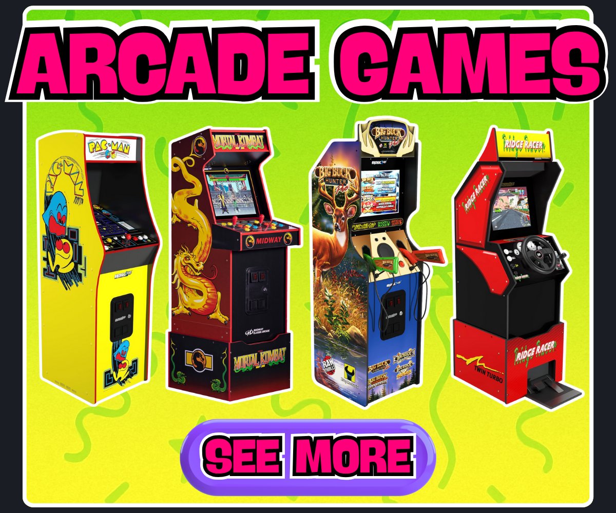 Arcade Games available for rent including Pac Man, Mortal Kombat, Buck Hunter, and Ridge Racer with See More button, in Norfolk County