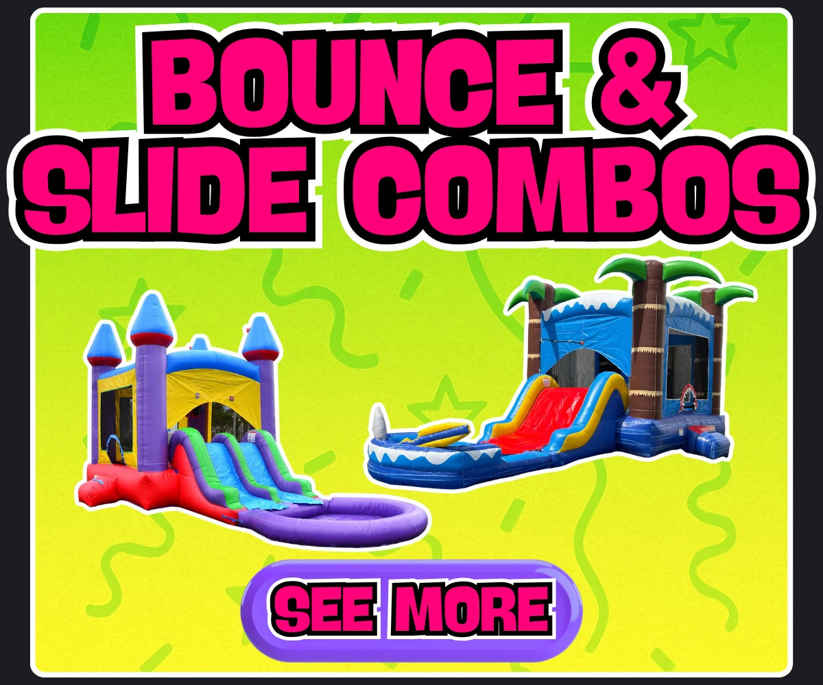 Bounce & Water Slide combos including a colourful bounce house and slide combo and a tropical shark combo,  near Hagersville Ontario for rent