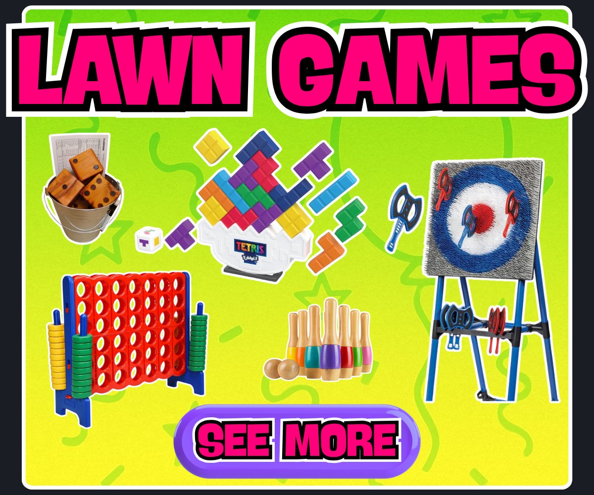 Lawn Games available for rent including Yardzee, Connect-4, Tetris Tumble XL, Axe Throwing, and Lawn Bowling