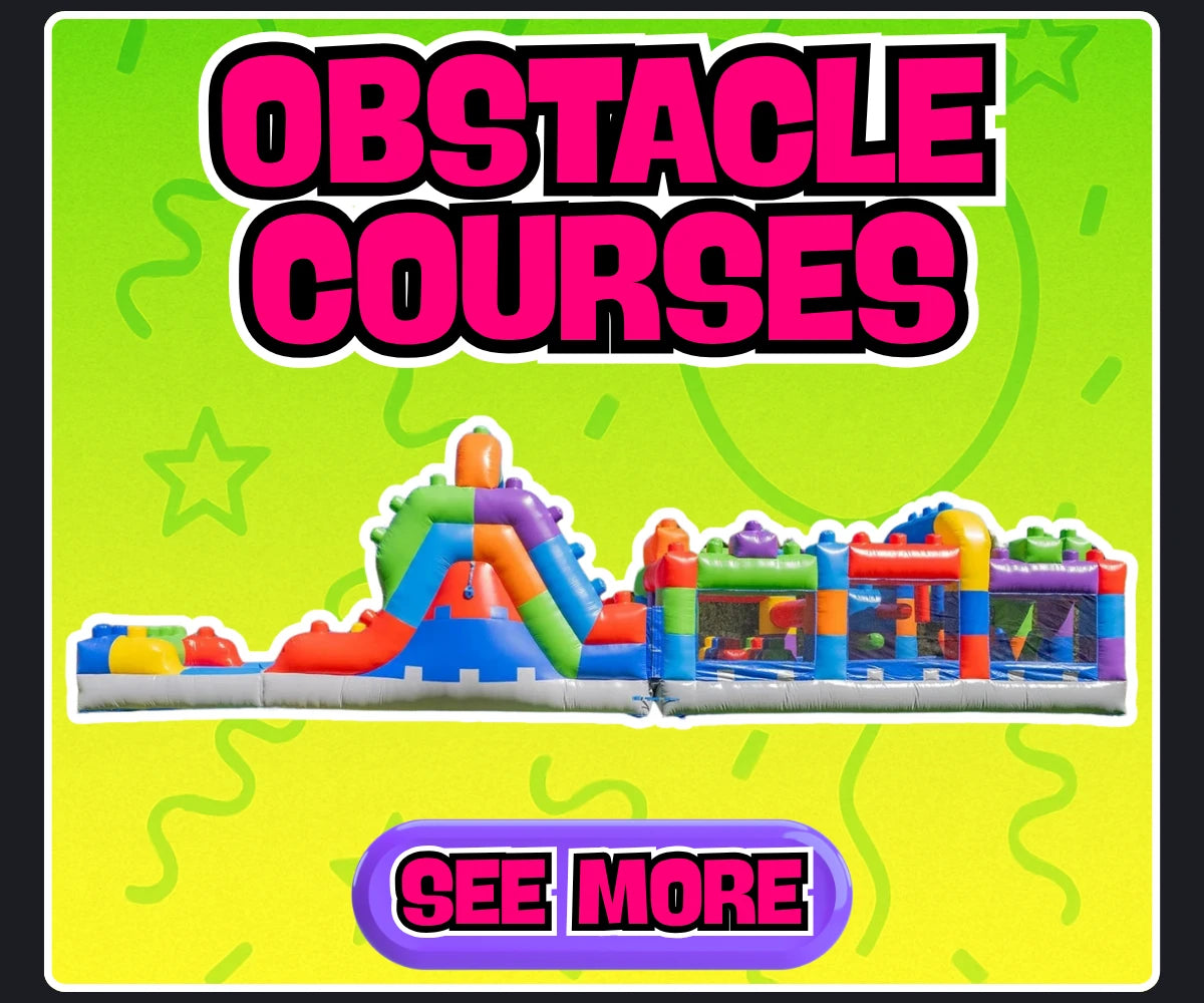 Obstacle Courses available for rent near Waterford, Ontario, picturing a 42-foot long Lego-style obstacle course