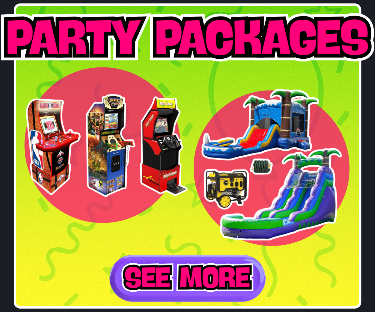 Party Packages graphic showing what rental items are available in bundles such as 3 arcade games or 2 bouncy castles