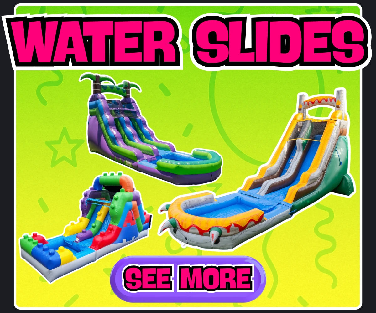 Water Slides for rent including a tropical purple slide, a dinosaur themed large slide, and a Lego themed smaller slide, near Port Dover