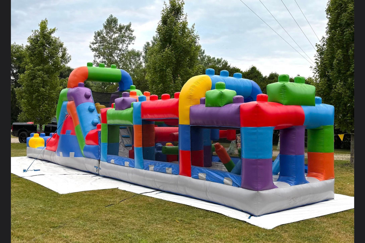 Lego brick obstacle course water slide rental in Courtland, Ontario