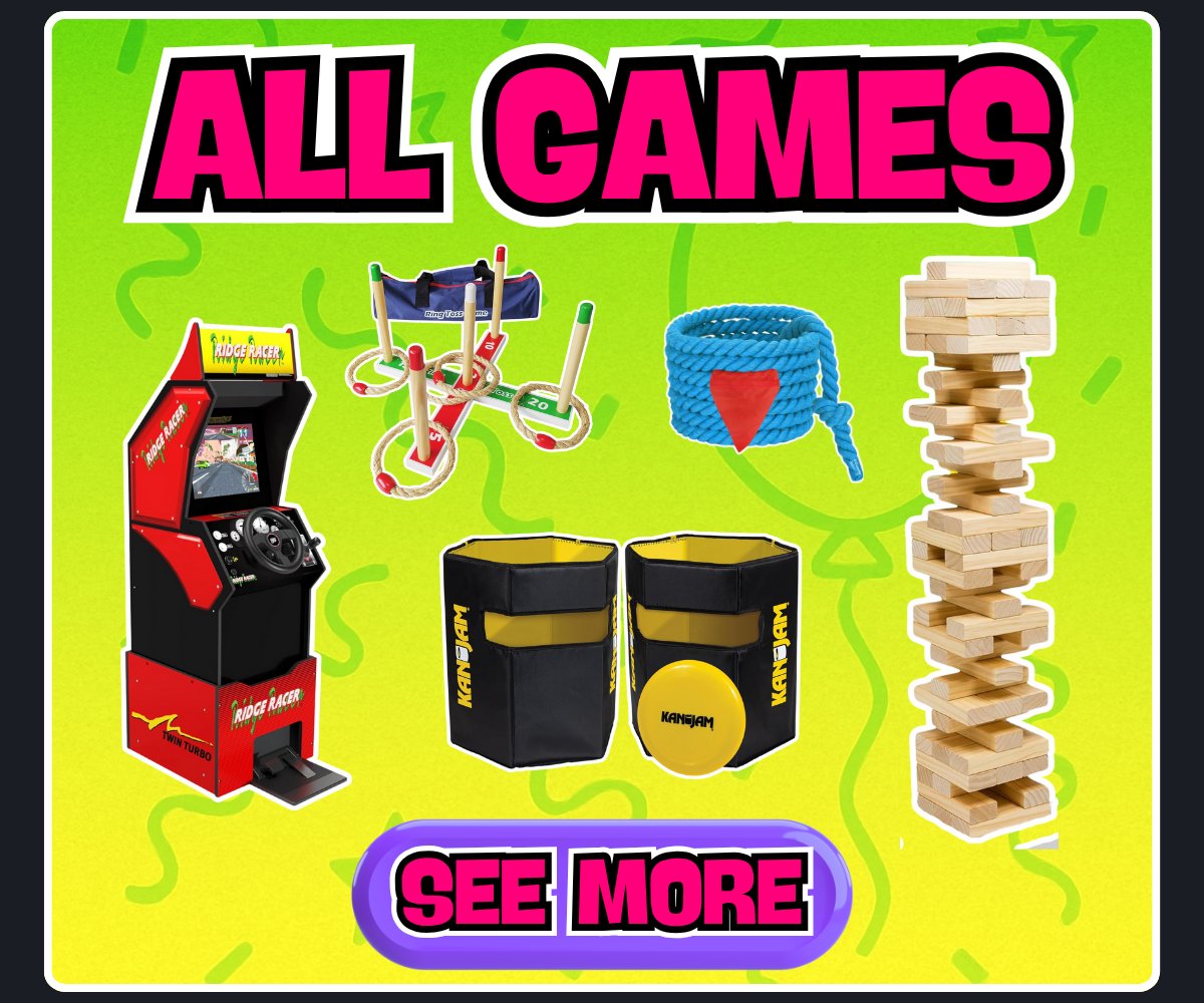 All Game rentals available through Rockin' Party Rentals with an arcade game pictured, some lawn and yard games, in Langton Ontario